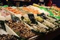 Seafood price tags, Shellfish, shrimp, fish, at Boqueria Market in Barcelona, Ã¢â¬â¹Ã¢â¬â¹Spain Royalty Free Stock Photo